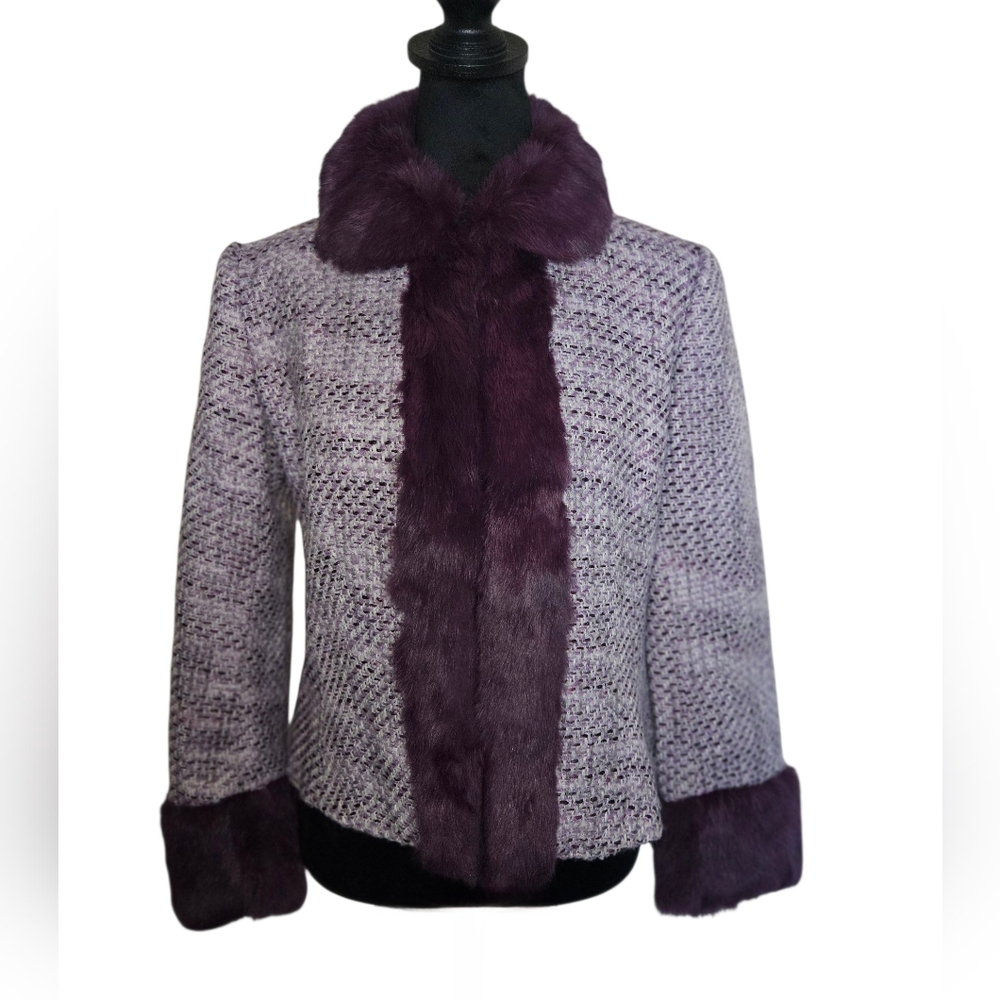 Bebe Y2K Women's Purlple Tweed Penny Lane Rabbit Fur Trim Blazer Size M